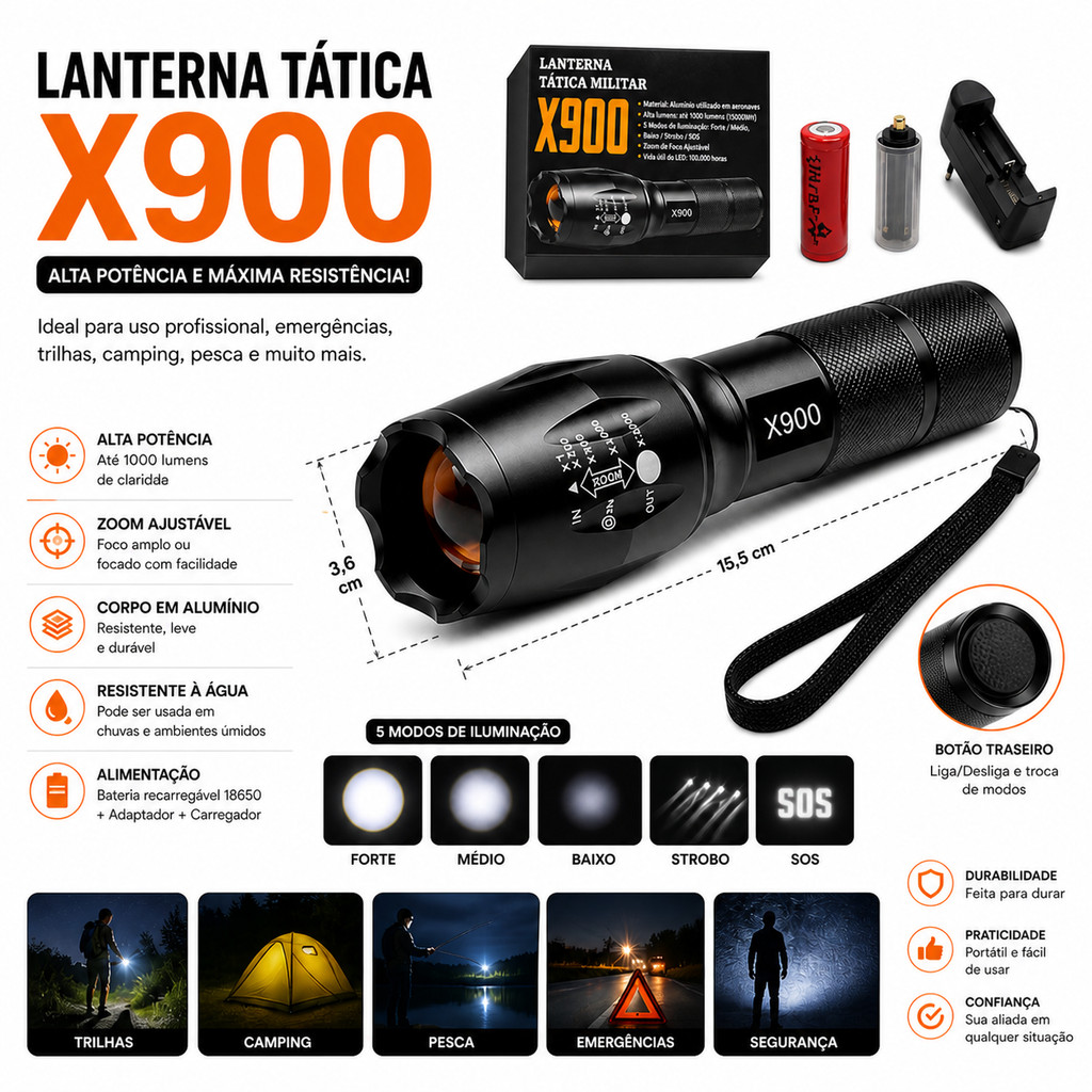 Lanterna Militar Tática Portátil Militar Bateria Recarregável Luz LED X900