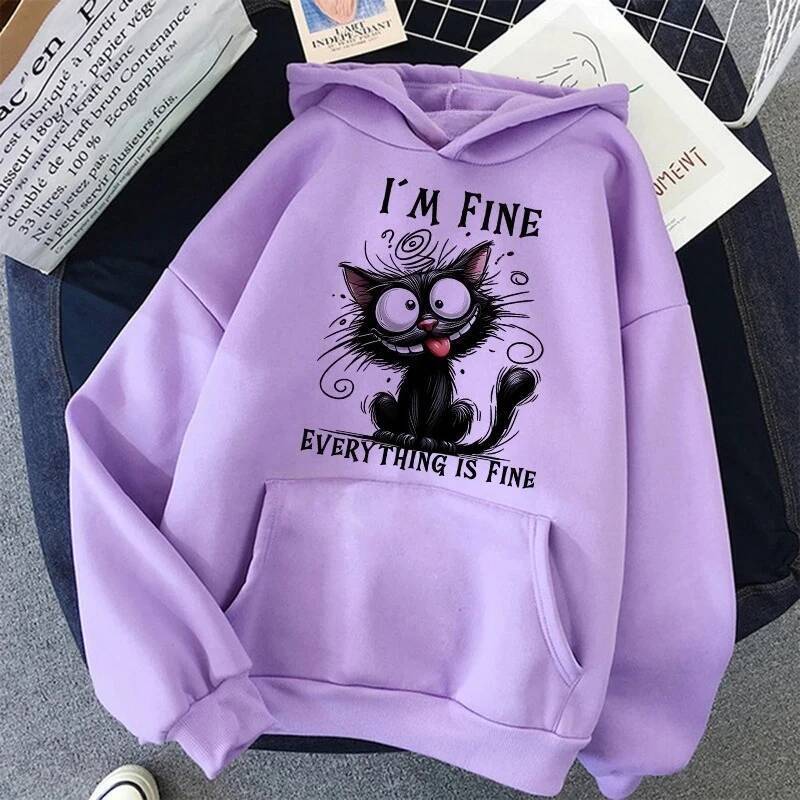 2026 Outono Inverno Y2k Moletom Casual Com Capuz Roupas Kawaii Pullovers Estou Bem Tudo Está Fino Sarcástico Gato Impres