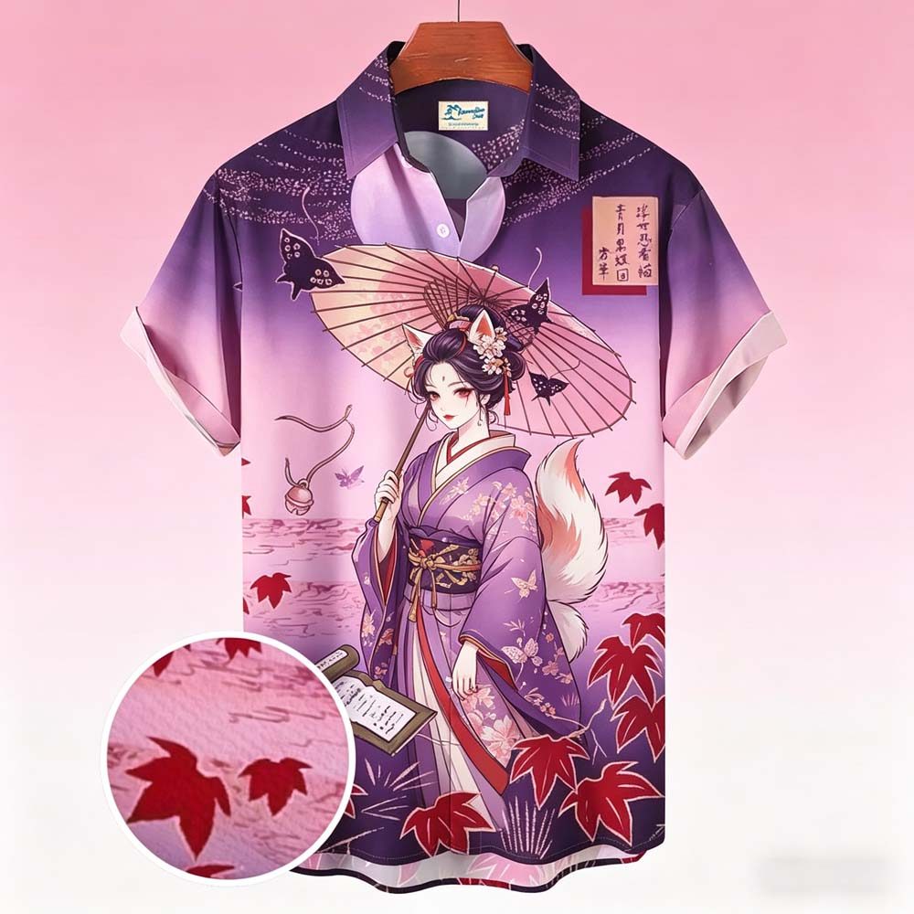 Camisa Masculina Casual Confortável Moda Respirável Topo Ukiyo-e Flor & Pássaro Impressão Gótico Streetwear Vibe