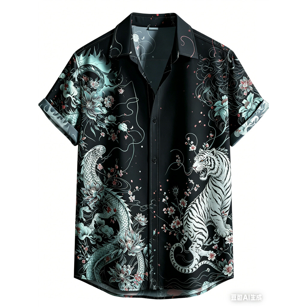 Camisa Havaiana Masculina Casual Confortável Moda Respirável Top Oriental Dragão Arte Impressão Vibrações De Férias