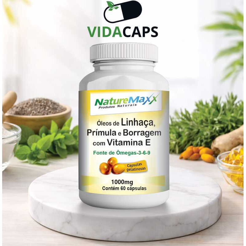 Linhaça Prímula Borragem + Vitamina E 1000mg C/60 Cápsulas - suplemento alimentar Vidacaps