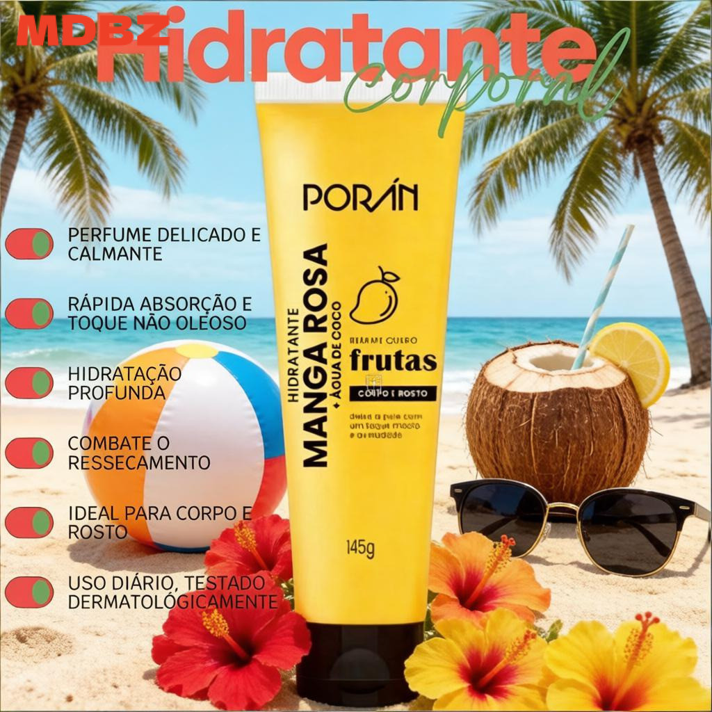 Hidratante Facial e Corporal Porán: Manga Rosa e Água de Coco, 145g - Para Pele Macia, Uso Diário - PR222