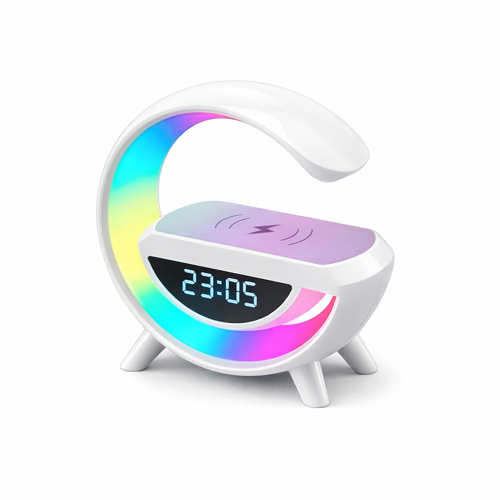 Luminária G Smart RGB G-Lamp Som Bluetooth Carregador Indução Wireless Relógio Despertador Digital Led USB 3em1