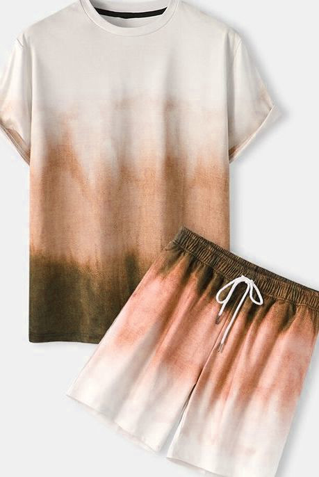 Novo Conjunto De Camiseta E shorts De Manga Curta Com Estampa tie dye Gradiente De Verão , Pijama casual Confortável Par