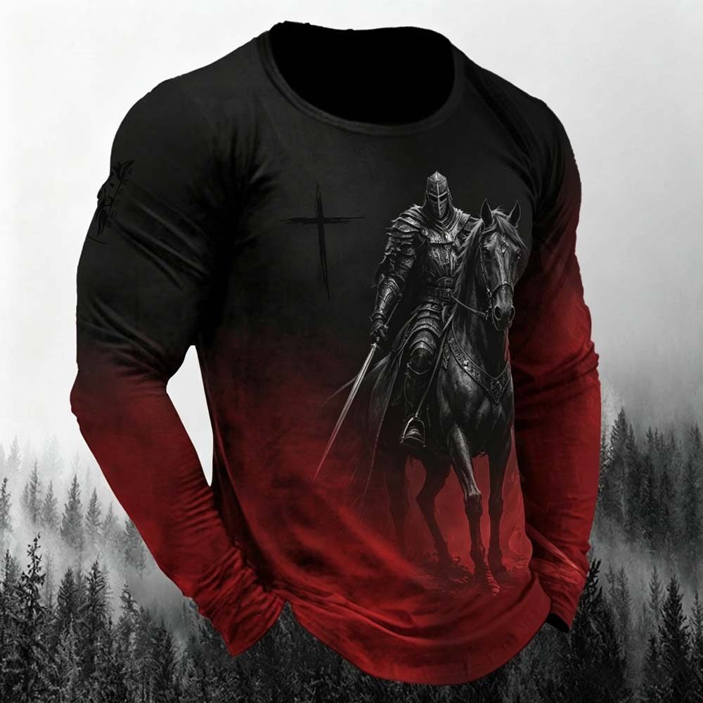 Camiseta Masculina De Manga Comprida Com Estampa De Cavaleiro Medieval , Gráfica De Fantasia Escura , Streetwear Gótico
