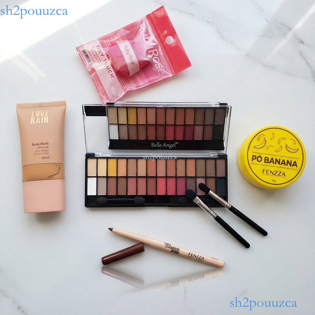 Kit Maquiagem 5 Pçs: Base + Sombra de Olhos + Delineador Labial + Pó Facial + Lenço de Maquiagem Kit Presente Especial