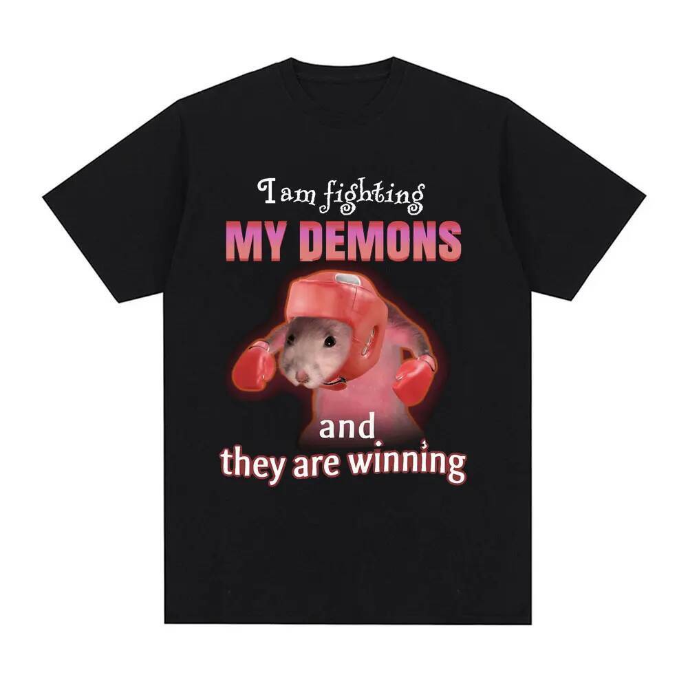 Funny I Am Fighting My Demons and The Are Winning Rat Meme T-shirt Men Fashion Creative T Shirts Short Sleeve