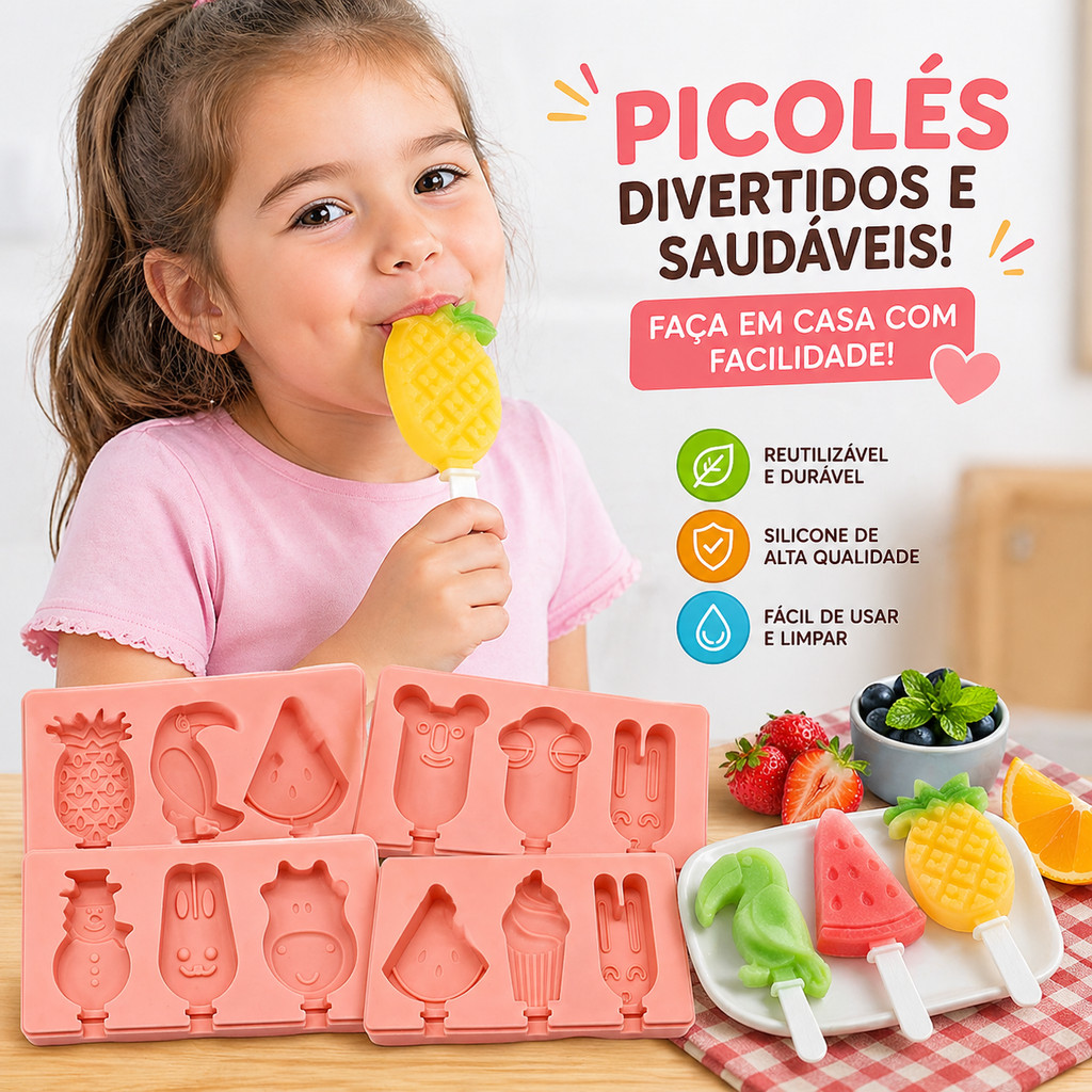 FORMA DE SILICONE PICOLÉ C/ TAMPA E PALITO FORMATO DE DESENH