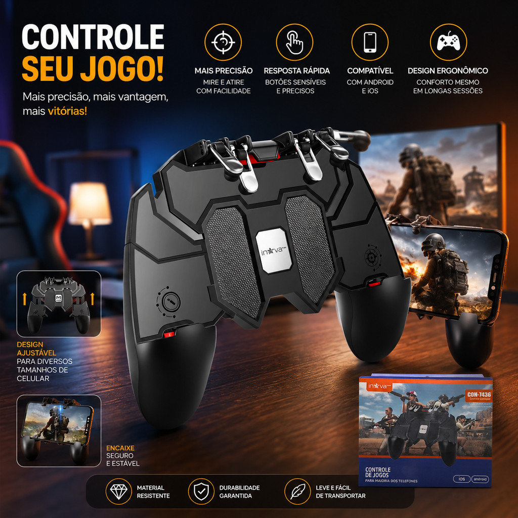 Controle Gamer Manual com Gatilhos Suporte Celular Joystick