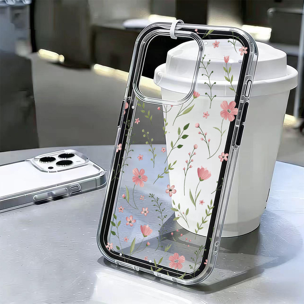 Capinha Capa de Anti-impacto 3 Em 1 Para iPhone 11 12 13 14 15 16 Pro Max Plus Transparente Case Flores Rosas Soul