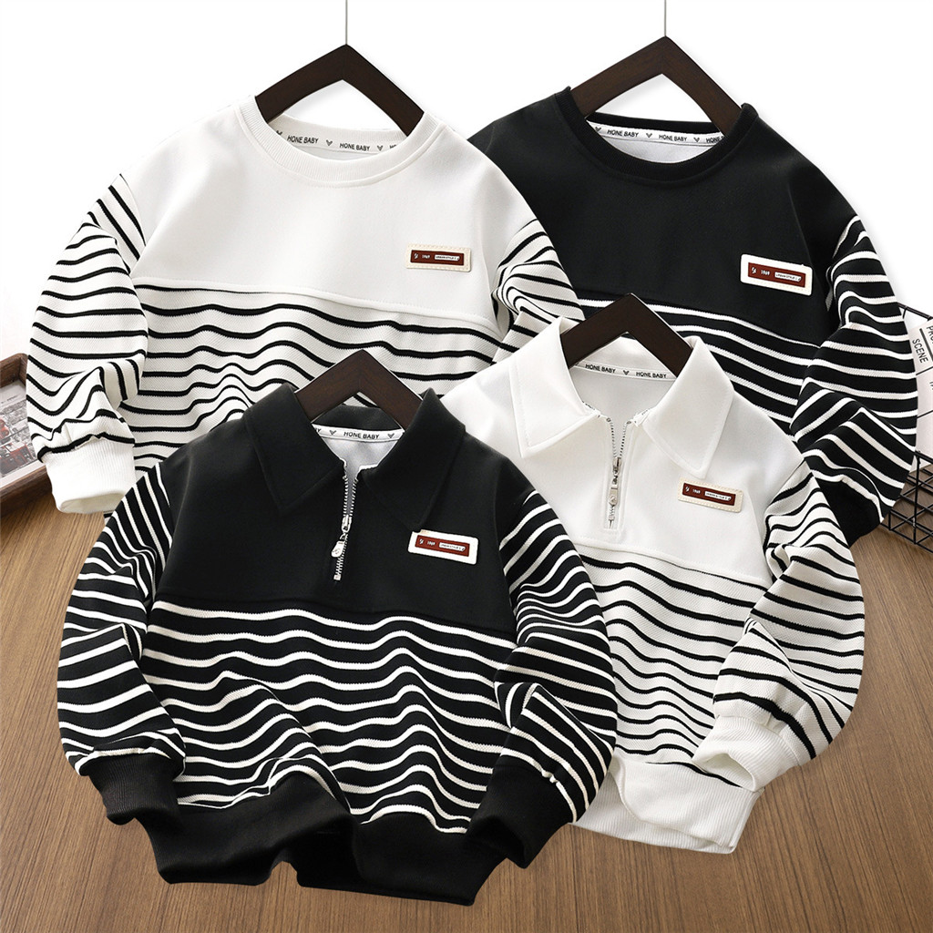 Outono Meninos Listrado Padrão Camisetas Moda Topos Crianças Roupas De Manga Longa Impresso Criança Solta Casual Tshirt