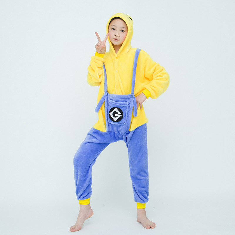 Kigurumi Crianças Pijamas Flanela Com Capuz Macacão , Bonito Minion Animal Cosplay Traje , De Macia Para Meninos Meninas