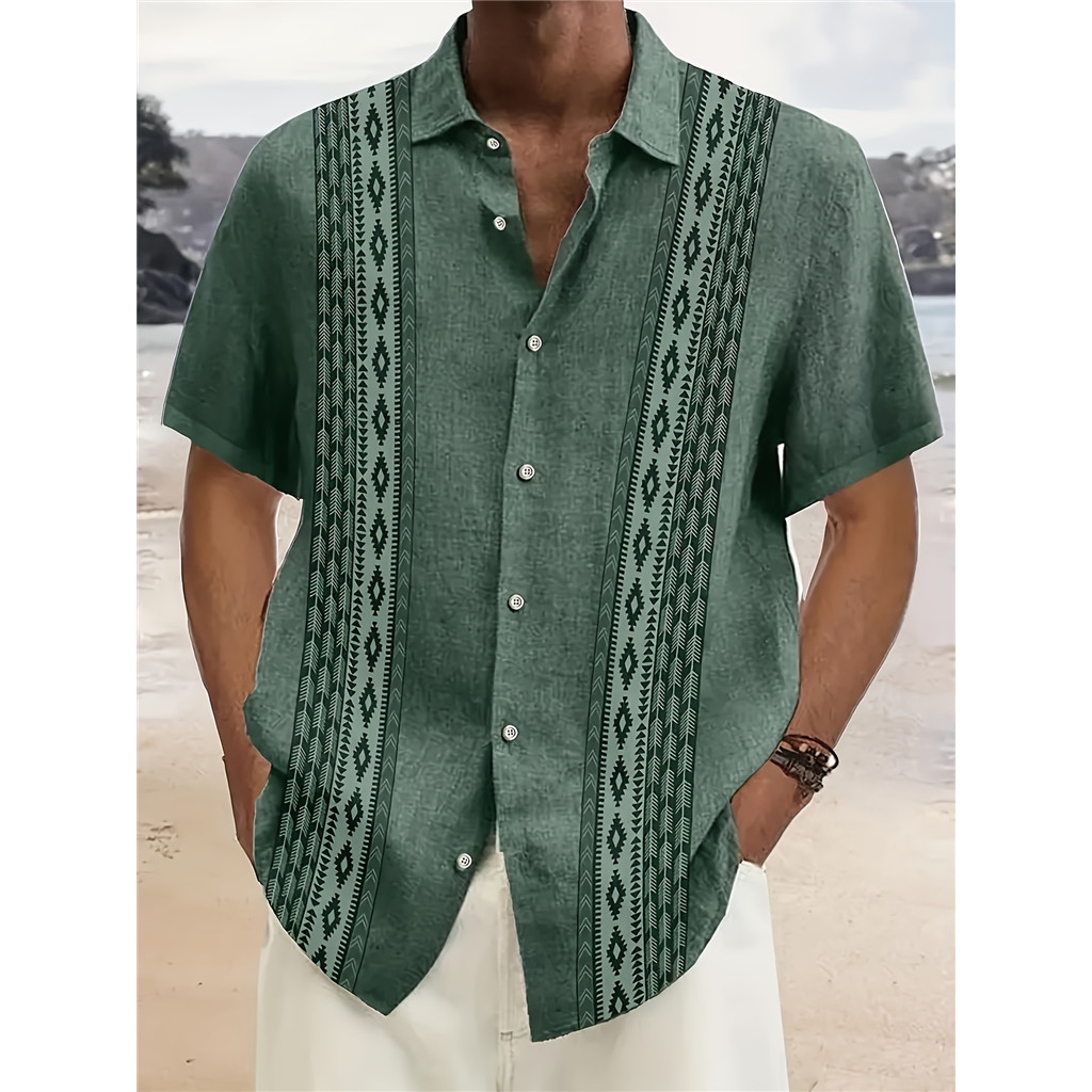 Camisa de Botão Masculina Plus Size com Estampa Geométrica Vintage - Manga Curta, Corte Largo, Camisa Havaiana
