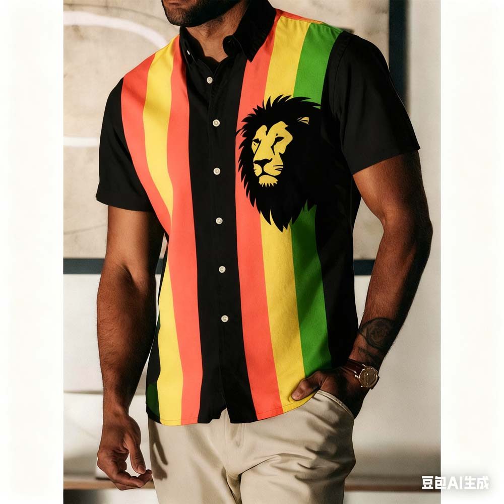 Camisa Masculina De Leão Com Painel Contrastante – Esquema De Cores Rasta Estampas Tropicais E Animais , Roupa Casual Mo