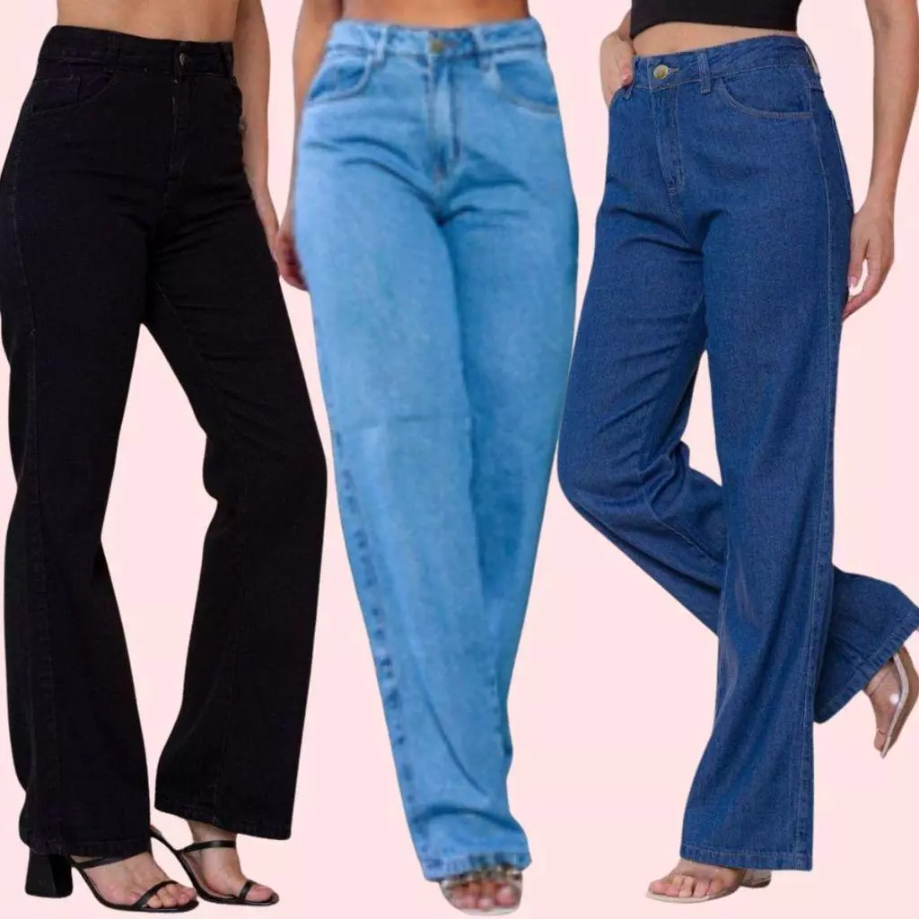 Kit 3 Calça Jeans Feminina Balao Wide Leg pantalona Cintura Alta Oferta especial entrega em 24 horas Outlet de fábrica — imagem 1