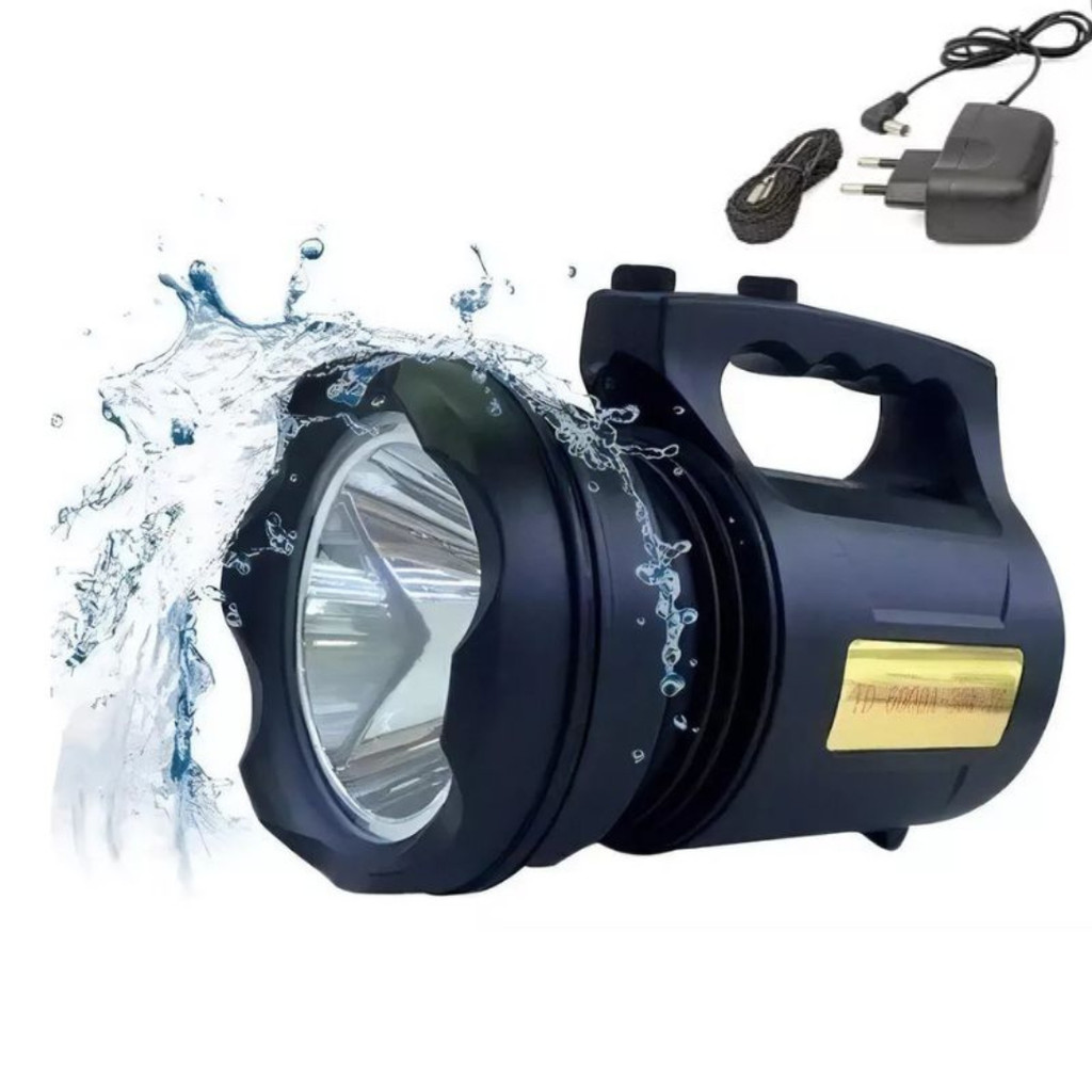 T6 LANTERNA BIVOLT - Holofote LED PRETO 30W TD-6000A Recarregável Pesca Trilha Camping - TD-6000A