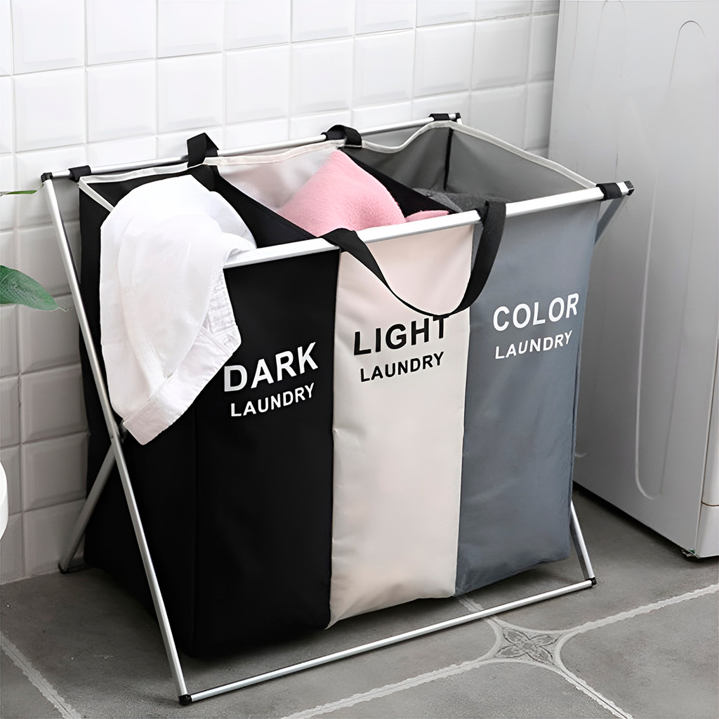 Cesto de Roupas 3 Divisórias Dobrável 143L – Organizador Lavanderia com Estrutura Reforçada