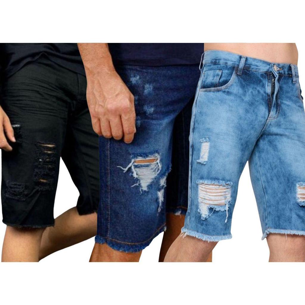 Kit 3 Bermuda Jeans rasgados Shorts Masculinos Alta Qualidade Com Elastano Sport Loja de Fábrica
