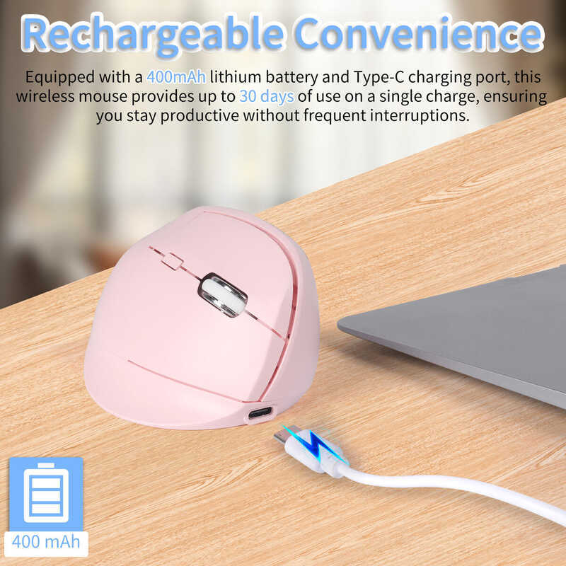 Mouse Sem Fio 2.4G Bluetooth Vertical De Modo Duplo Ergonômico Tipo C Recarregável Silencioso Clique 6 Botões 16000 DPI