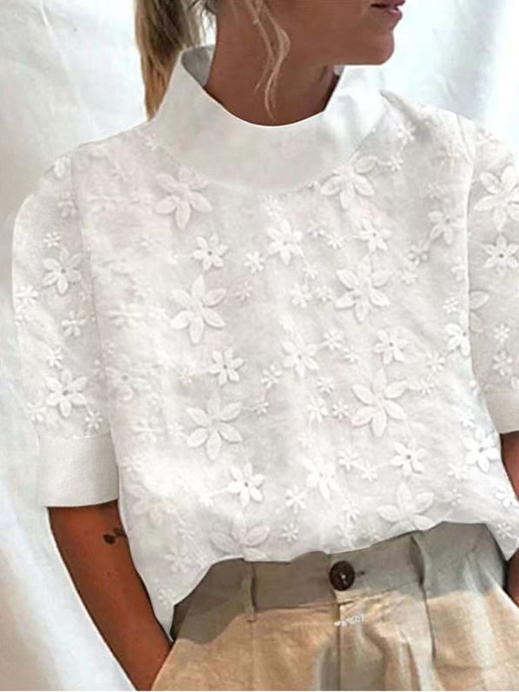 Linho De Algodão Branco Verão Nova Blusa Feminina Camisa Elegante Renda Sólida Oco Para Fora Casual Streetwear Escritóri