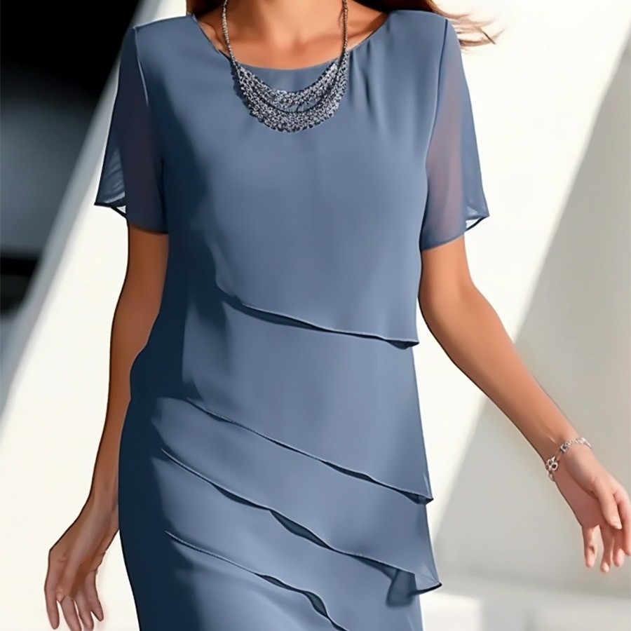Novo estilo 2025 vestido de verão costura Chiffon em torno do pescoço vestido de manga curta