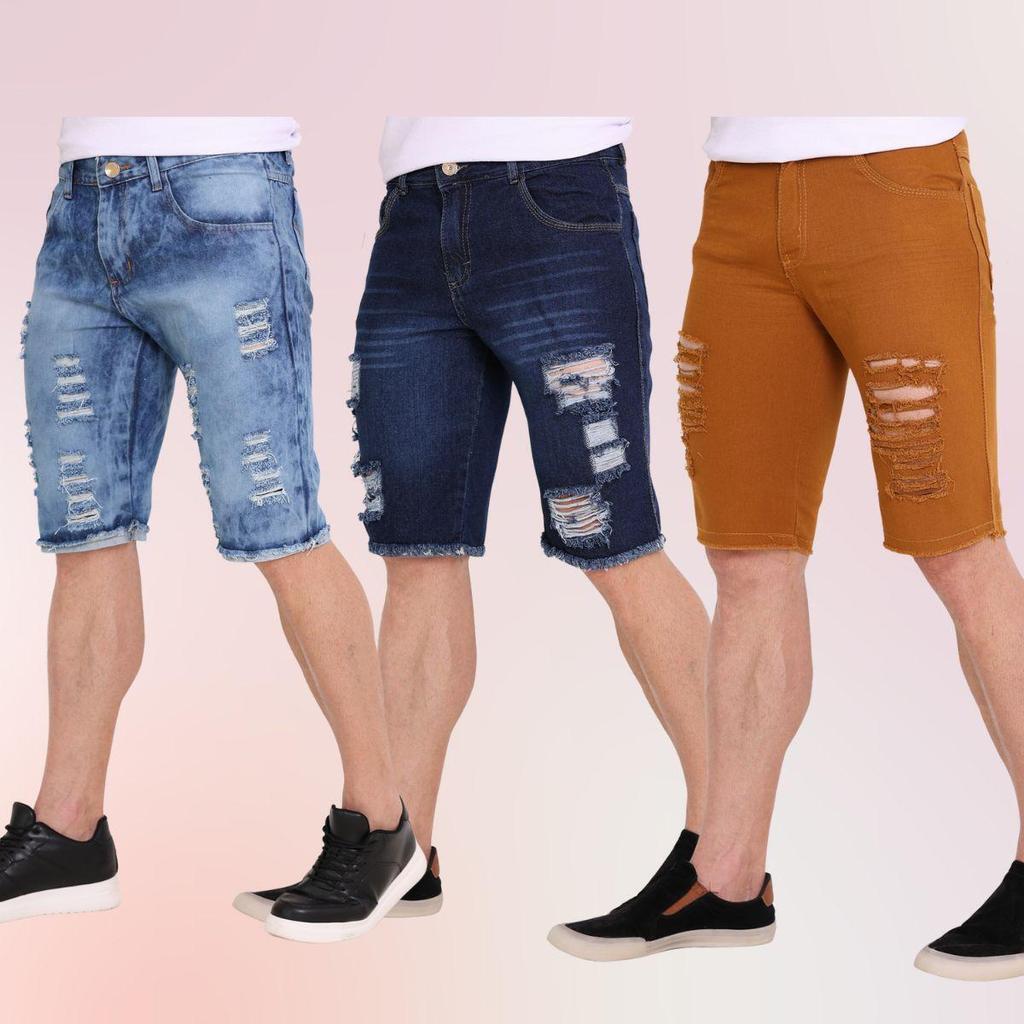 Kit 3 Bermuda Jeans rasgados Shorts Masculinos Alta Qualidade Com Elastano Sport Loja de Fábrica
