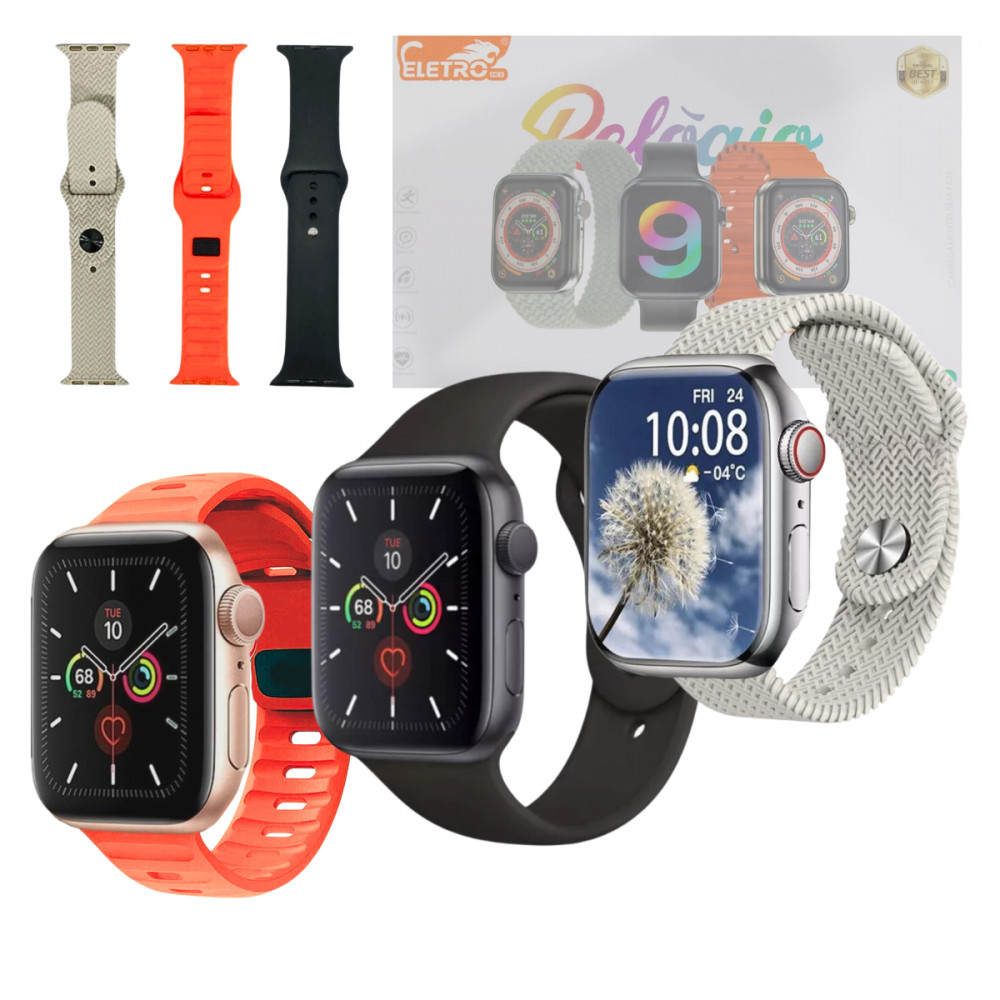 Relógio Inteligente Smartwatch 45mm com 03 Pulseiras Eletromex W9 MAX