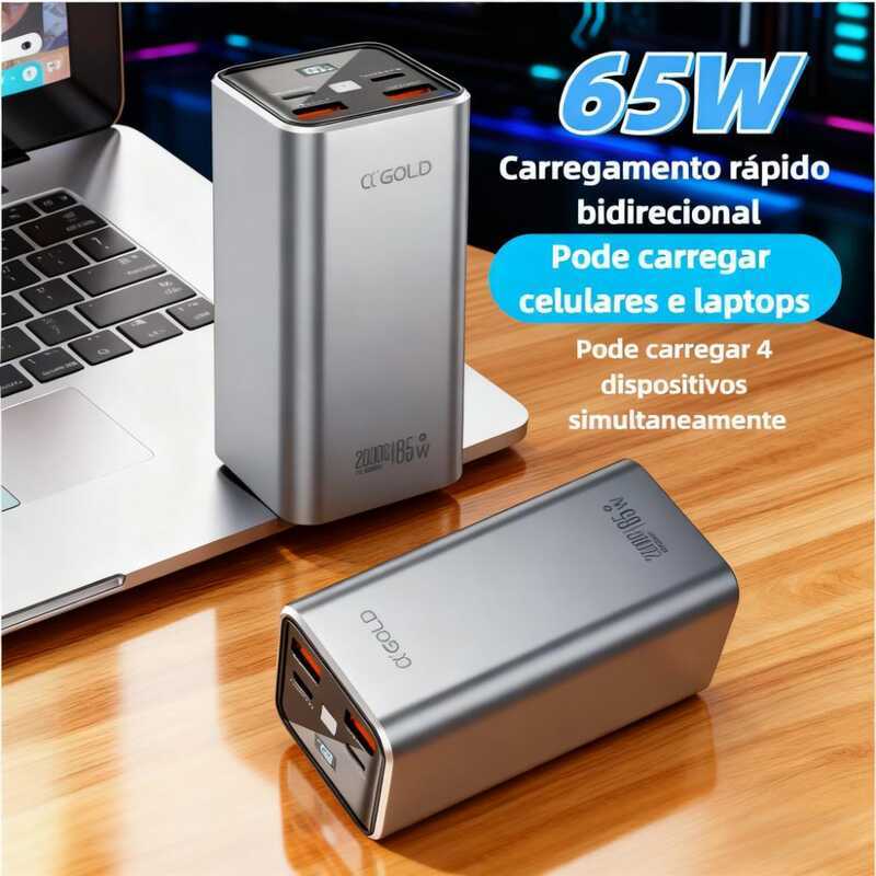 Power Bank A'gold 20000mAh, Com Recarga Rápida PD 65W e Portas USB-C para Múltiplos Dispositivos - BTE-92