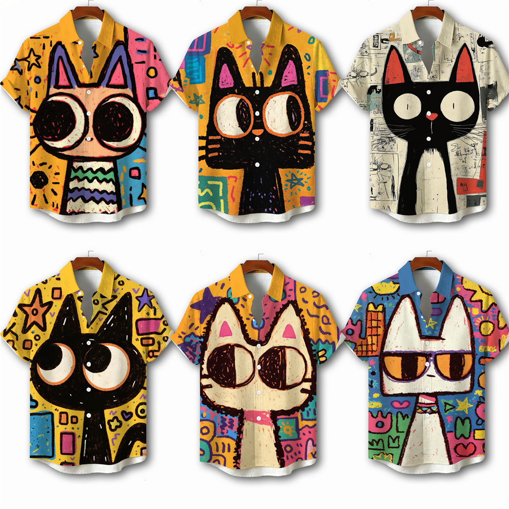 Moda Dos Desenhos Animados graffiti Gato Impressão Camisa De Manga Curta , Vibrante Artística casual Verão Masculino E F