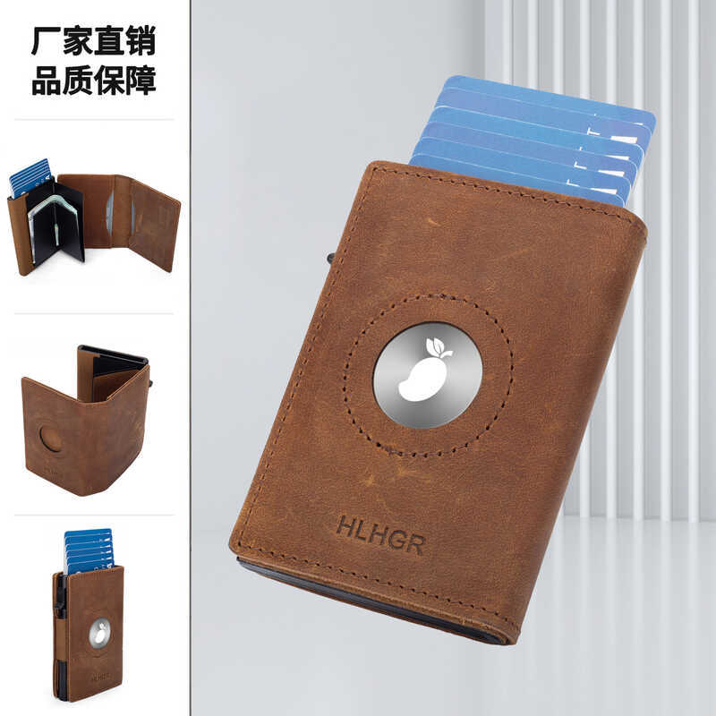 Carteira masculina Airtag com blindagem RFID, porta-cartões de couro antifurto, carteira de couro genuíno tripla de alta