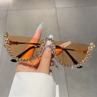 Óculos de sol semirredondos femininos, nova moda vintage, lentes degradê sem aro com strass, óculos de marca da moda Ins