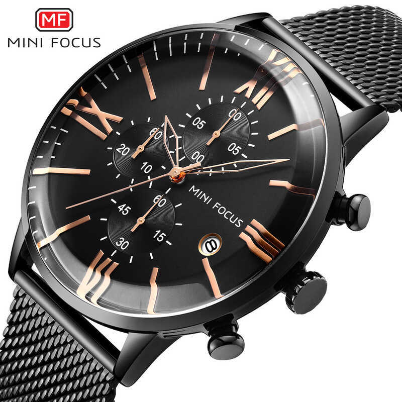 MINI FOCUS Marca Moda Relógio Masculino Multi-Função Cronógrafo Movimento Calendário Pulseira de Malha de Aço À Prova D