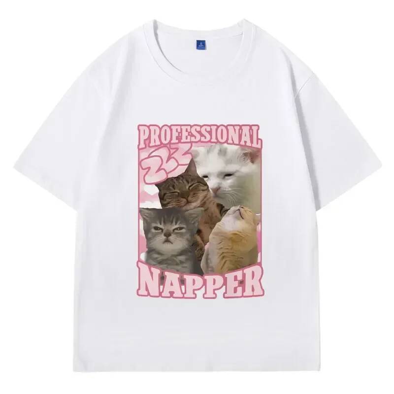 Camiseta Engraçada de Gato Dormindo Profissionalmente para Homens e Mulheres, Camiseta Casual Vintage, Moda Estética