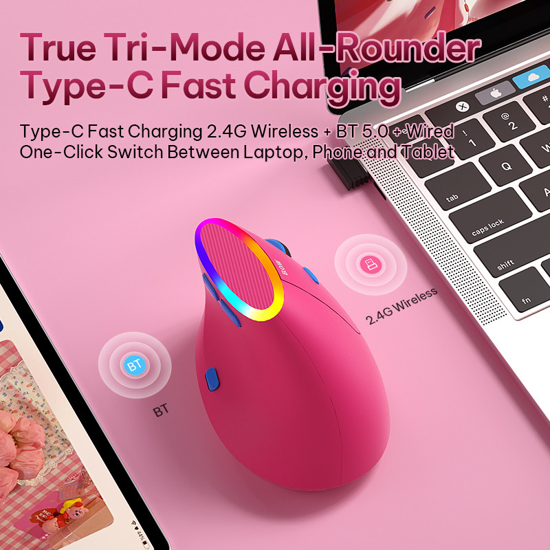 JOMAA & BOW Mouse Vertical Ergonômico Sem Fio RGB Retroiluminado Recarregável USB + Bluetooth + LED Multidispositivo Com — imagem 2 de 2