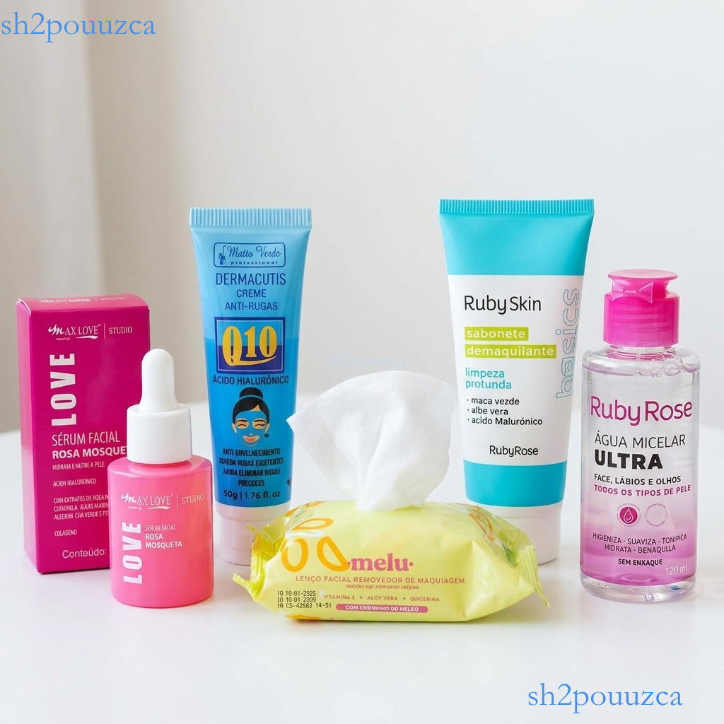Kit Skincare 5em1: Água Micelar, Sabonete e Lenço Demaquilante, Creme Anti-Rugas e Sérum Vitamina C ✨sh2po