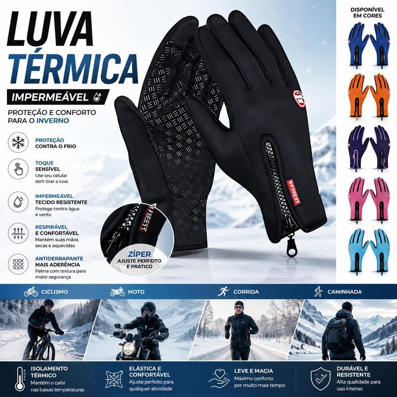 Luva Térmica Impermeável Moto Bike Frio Touch Screen Inverno Antiderrapante Unissex Emborrachada