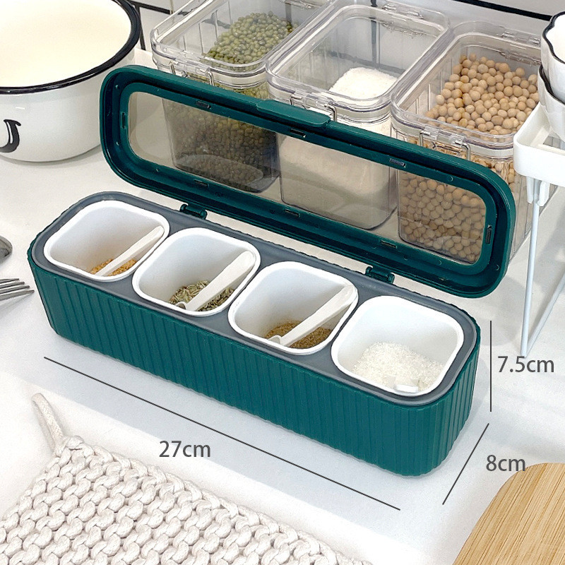 Dispenser Porta Temperos 4 Divisórias Com Colher Medidora Organizador Cozinha Verde RE269