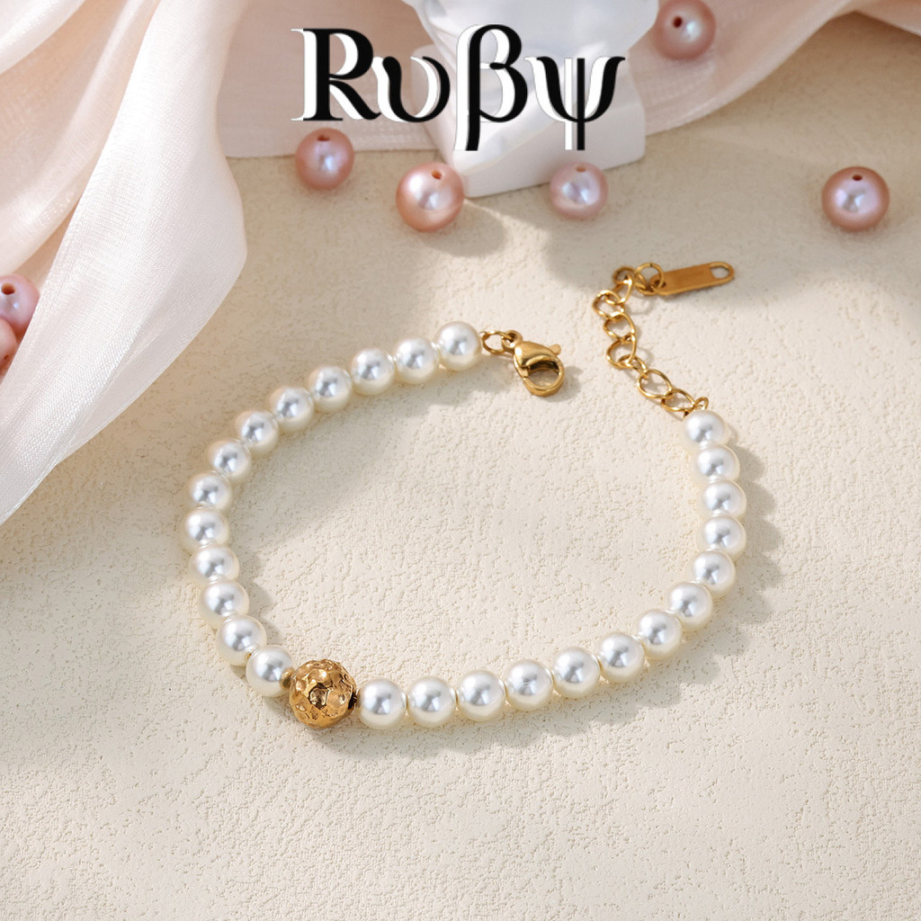 Pulseira de pérola de aço inoxidável com joias de rubi, joias de mão de alta qualidade, pulseira de aço de titânio empil