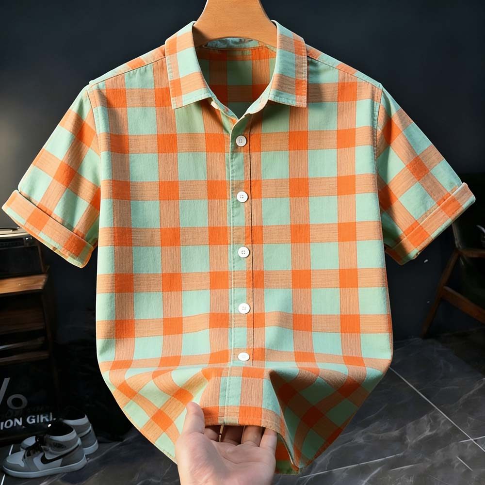 Camisa Xadrez Laranja Menta – Top De Verão Masculino Casual Vibrante