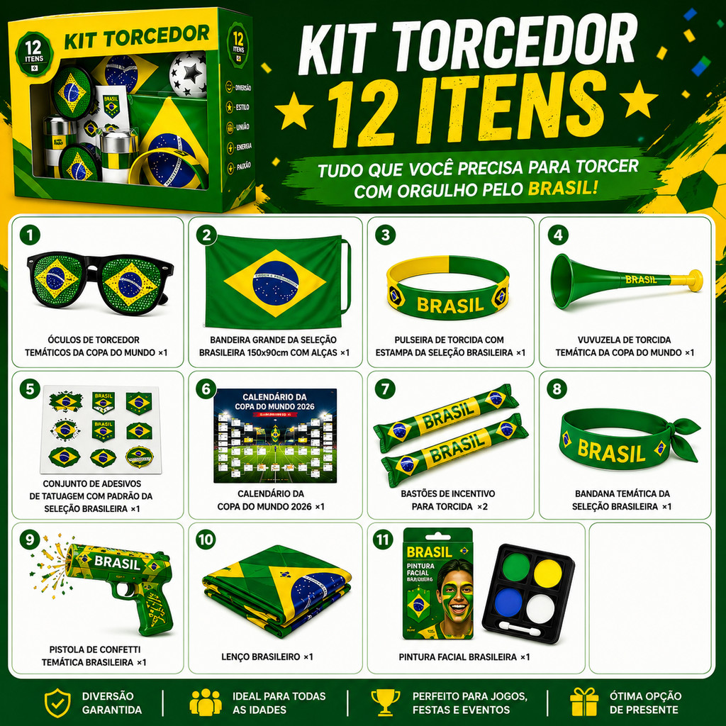 🇧🇷 Kit Torcedor Brasil 12 Itens Copa 2026 Bandeira Vuvuzela Óculos Festa Seleção Brasileira