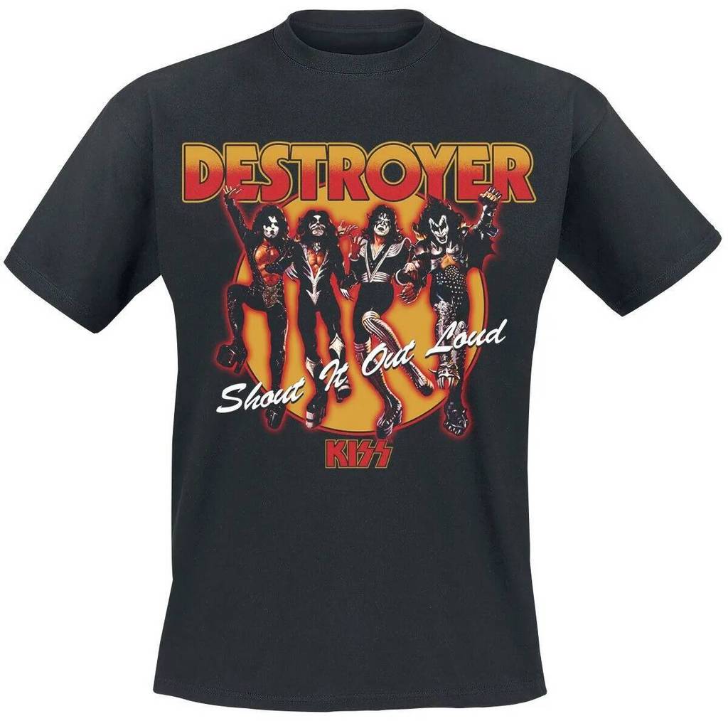 Camiseta do Álbum KISS Destroyer, Camiseta Glam Rock com Pose Clássica de Banda no Palco e Estampa "Shout It Out Loud"