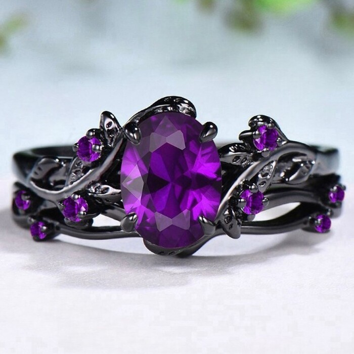 Ruby * Europeu Americano Retro Roxo Gem Anel Arma Preto Rosa Ramo Cruz Anel Feminino