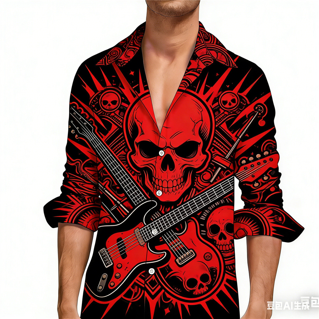 Camisa Masculina De Manga Comprida Estampada Com Caveira E Guitarra – Top Estilo Rock Gótico Ousado Botões , Elegante Va