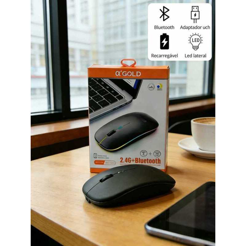 Mouse Sem Fio BT A'Gold (MS=03A) - C/ LED, Bluetooth, Recarregável, Bateria Longa, Compatível com PC/Notebook/Tablet