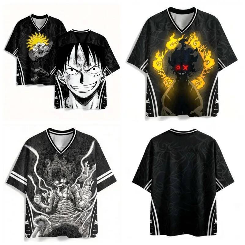 2026 One Piece Luffy Preto E Branco Quadrinhos Camisa Com Decote Em V Sun God Nica Estampa Verão Infantil Japonês Modern