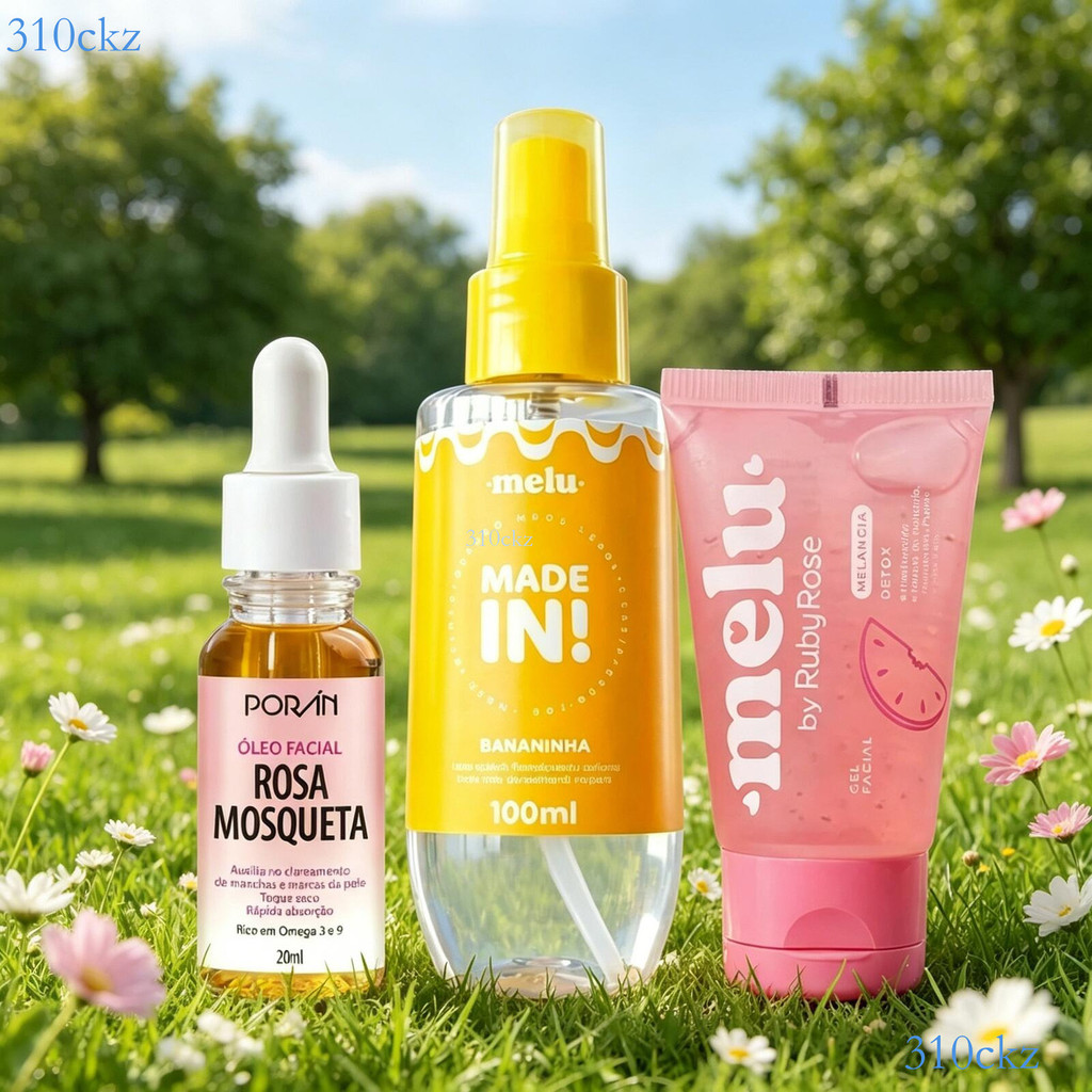 Kit Cuidado Corporal e Facial: Body Splash Melu Ruby Rose + Óleo Rosa Mosqueta Porãn + Gel Facial Hidratante ✨310ckz