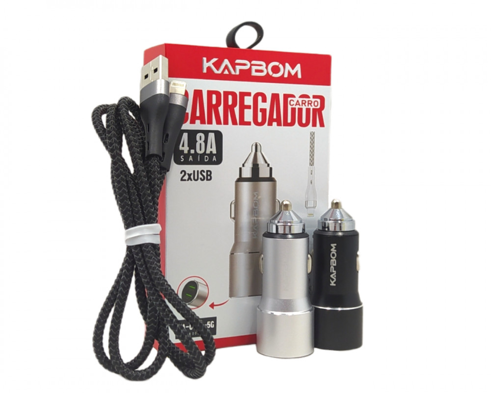 Carregador Veicular 12v TURBO 2 Portas USB 4.8A Cabo Lightning Móvel KA-C101-5G