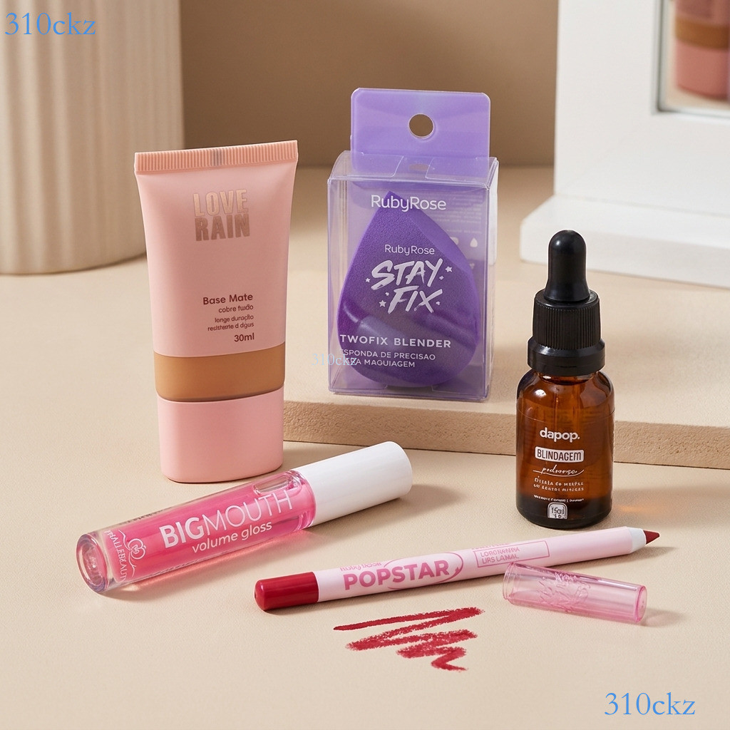 Maquiagem 5 em 1 Completo - base, esmalte labial, esponja, delineador labial y base líquida 