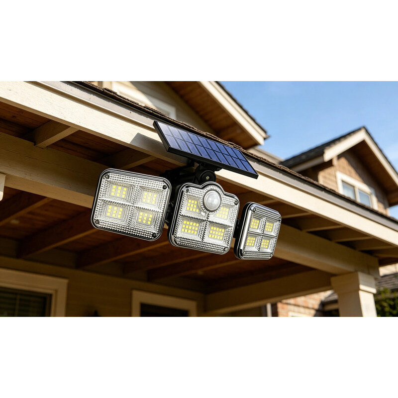 Lâmpada Solar 122 LED 3 Cabeças com Sensor de Movimento para Área Externa