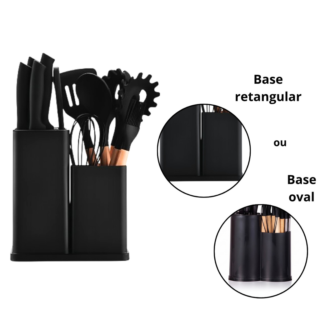Kit Utensílios de Cozinha Silicone 19 Peças + Tábua – Conjunto Completo Antiaderente Preto